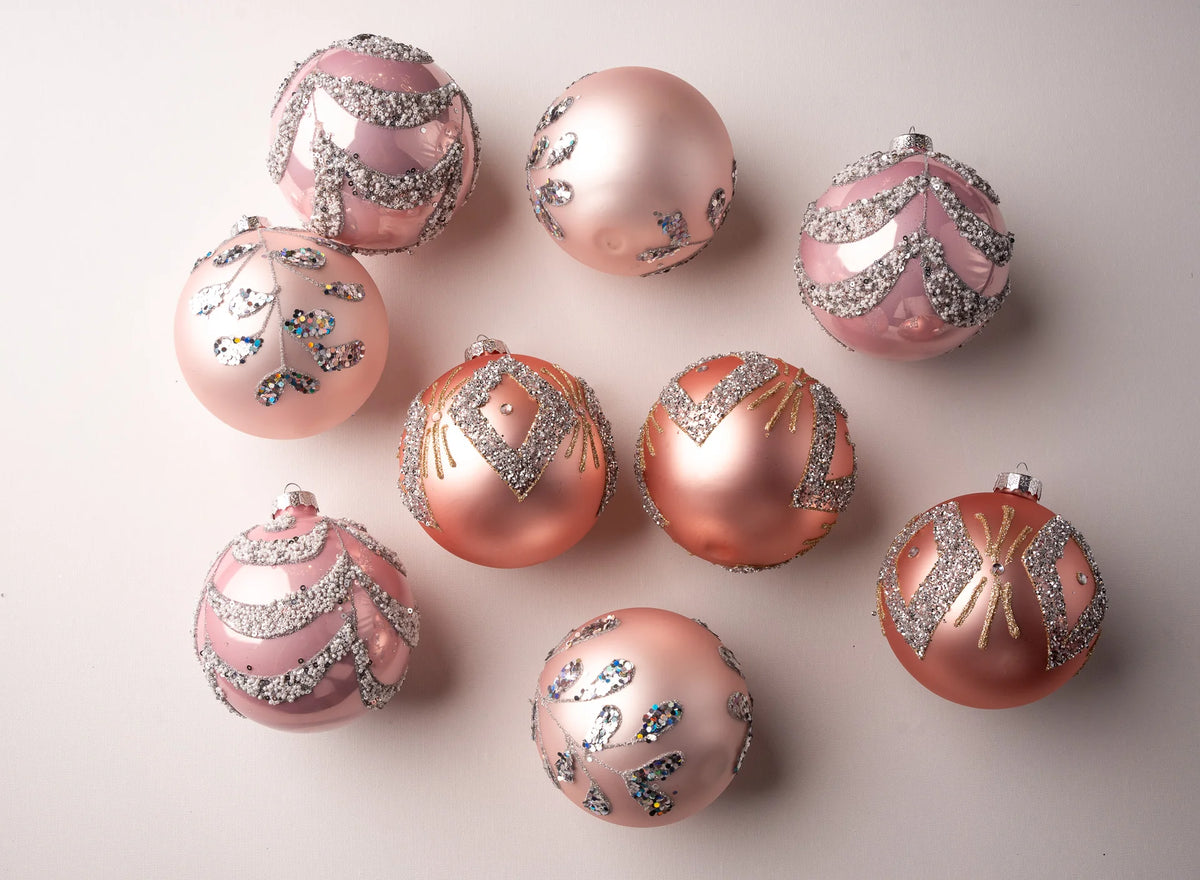 5" Blush Pink Jewel Glass Ornaments set of 9