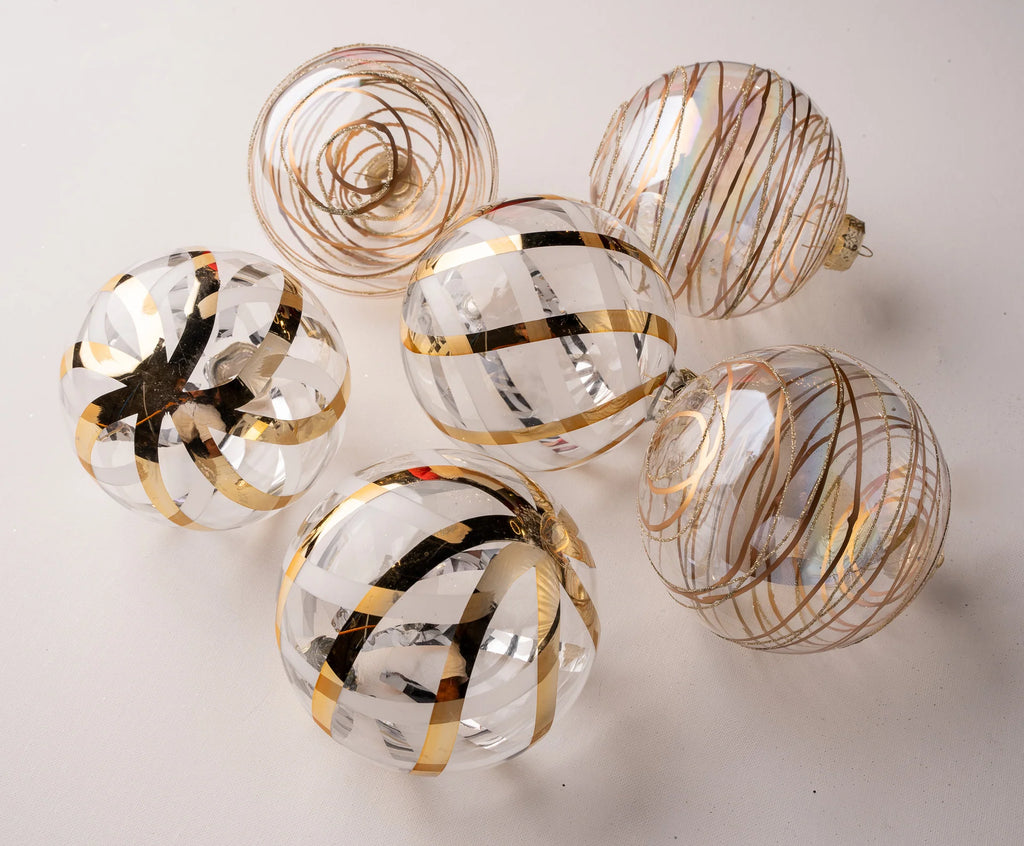 5 inch Clear Gold Glass Ornaments set of 6