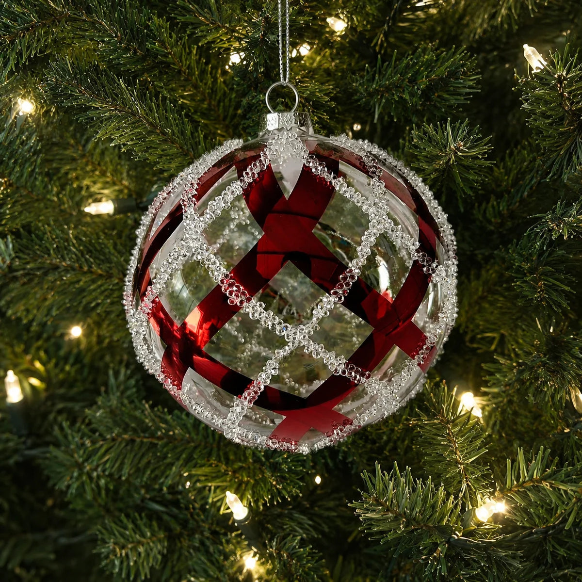 6" Clear Beaded Red Striped Glass Ball Ornament set of 4