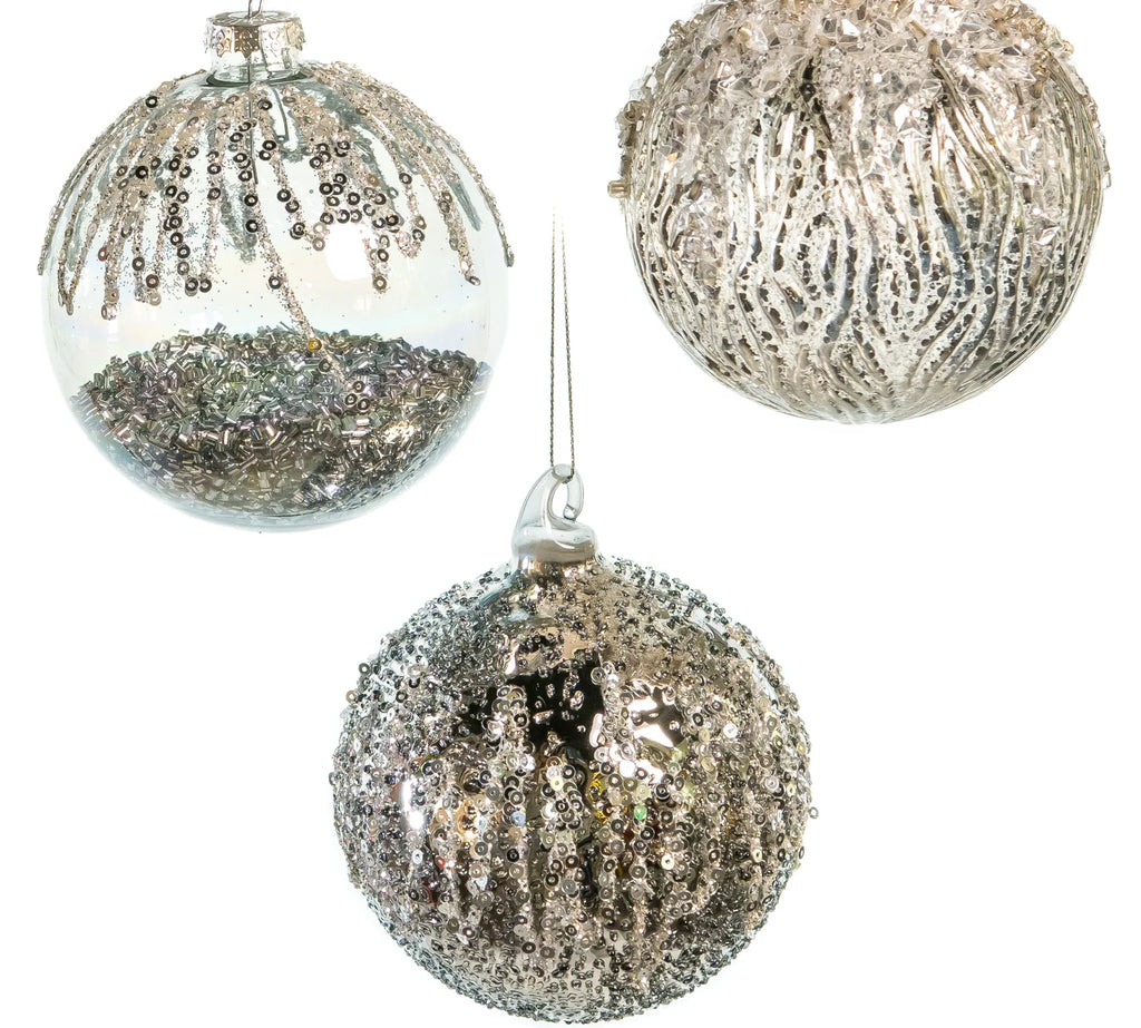 4" Platinum & Silver Decorative Glass Ornaments set of 12