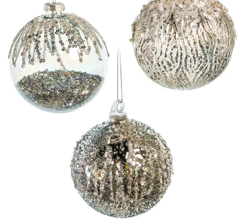 4" Platinum & Silver Decorative Glass Ornaments set of 12