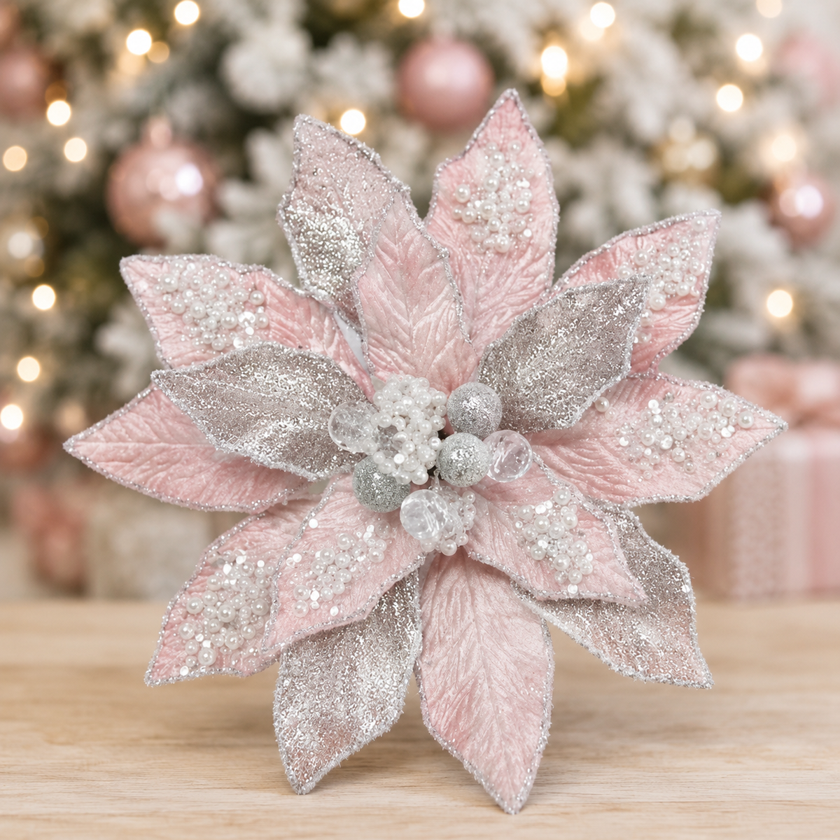 Sparkling Pink Poinsettia 9 inch Flower Clip set of 6