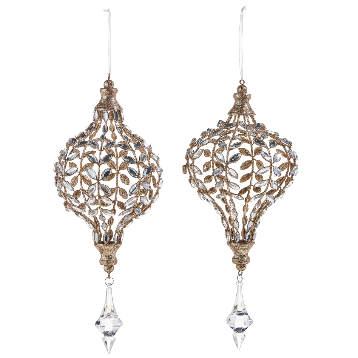 Jeweled Drop Ornament with Champagne Glitter 14 inch set of 2