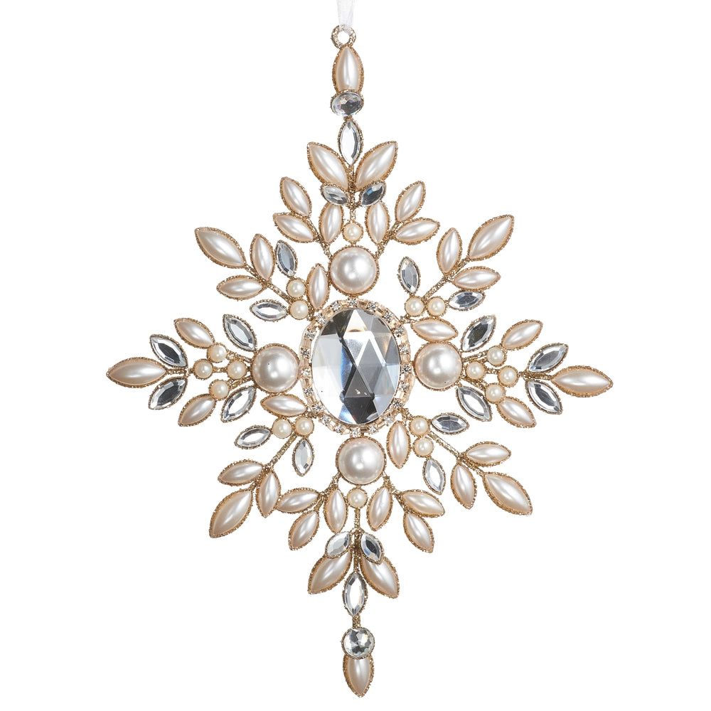 Jewel and Pearl Snowflake Ornament 9 inch set of 2