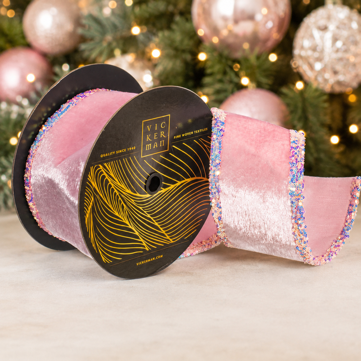 Pink Velvet Sequins edge Ribbon 4-inch by 10 yards