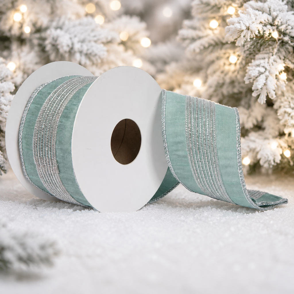 Vickerman Seafoam Glitter Trim Dupion Ribbon  2.5 inch by 5 yards
