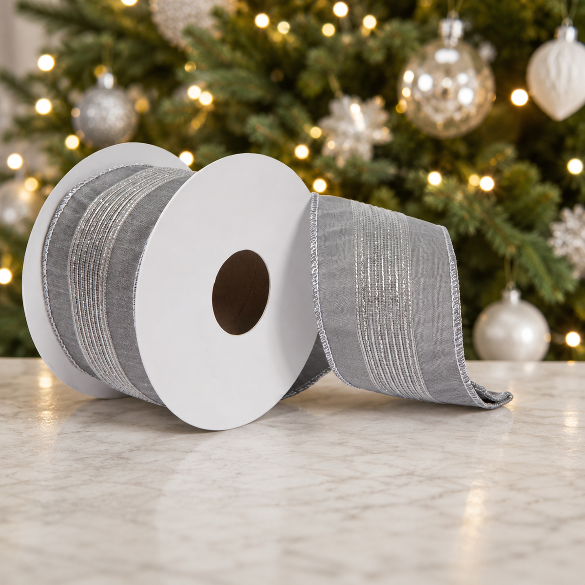 Vickerman Silver Glitter Dupion Ribbon 2.5 inch by 5 yards