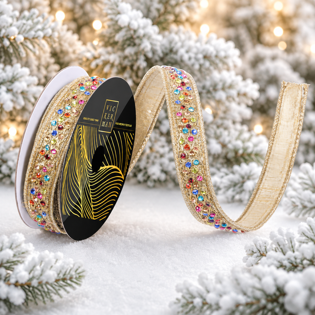Vickerman Gold Multi Jewel Ribbon .75 inch by 10 yards