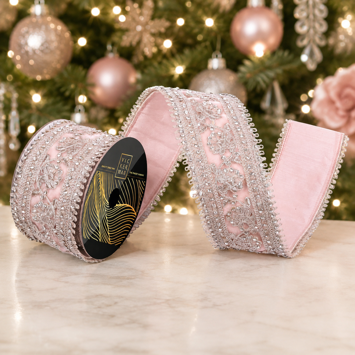 Rose Gold Pink Jewel Lace Ribbon 2.5 inch by 5 yards