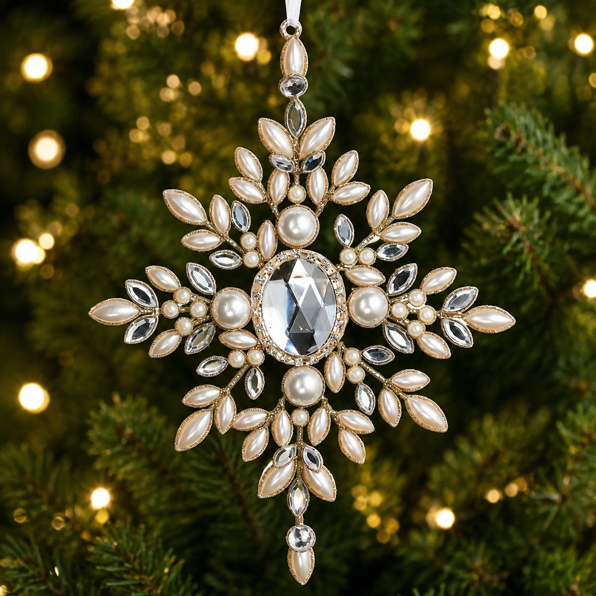 Jewel and Pearl Snowflake Ornament 9 inch set of 2