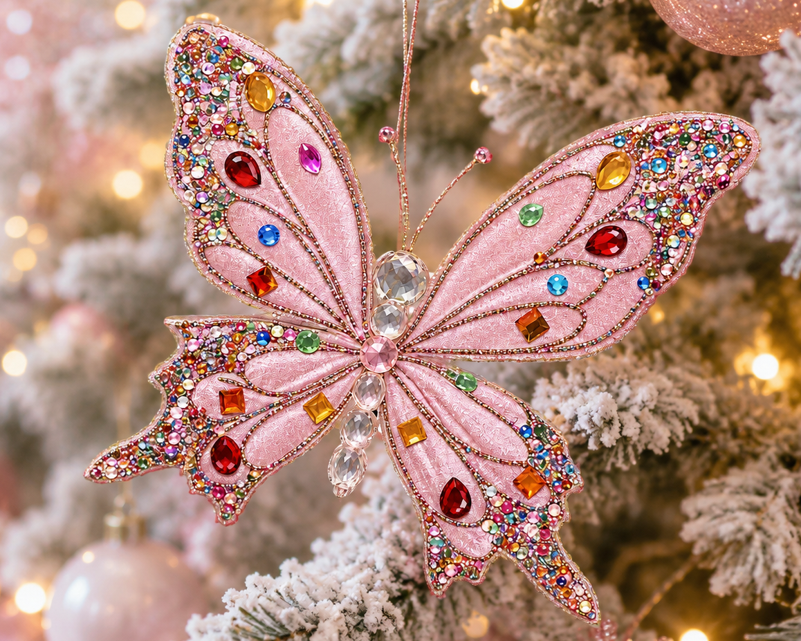 Pink Butterfly Clip Ornament 7-inch