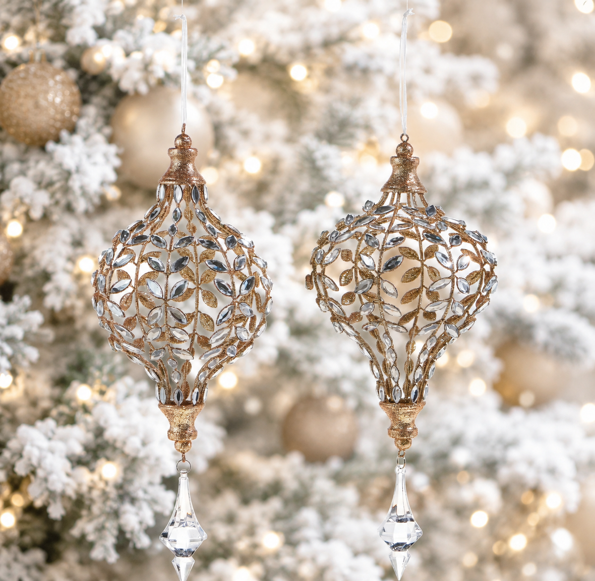 Jeweled Drop Ornament with Champagne Glitter 14 inch set of 2