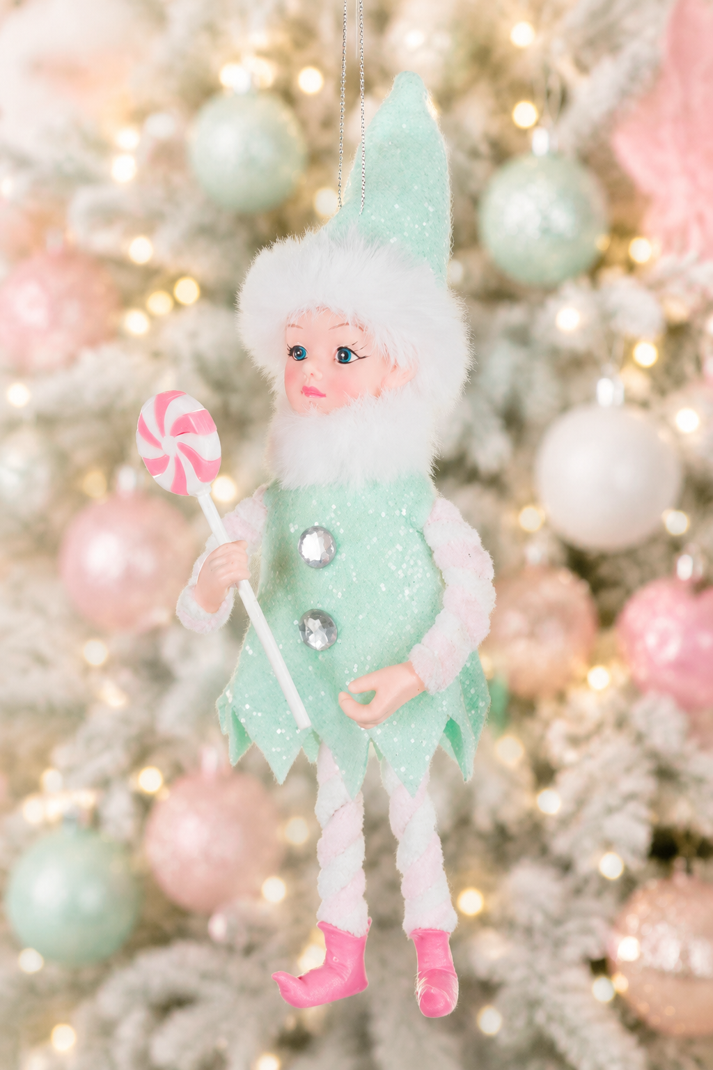Pastel Elf Ornament Holding A Lollipop 9-inch