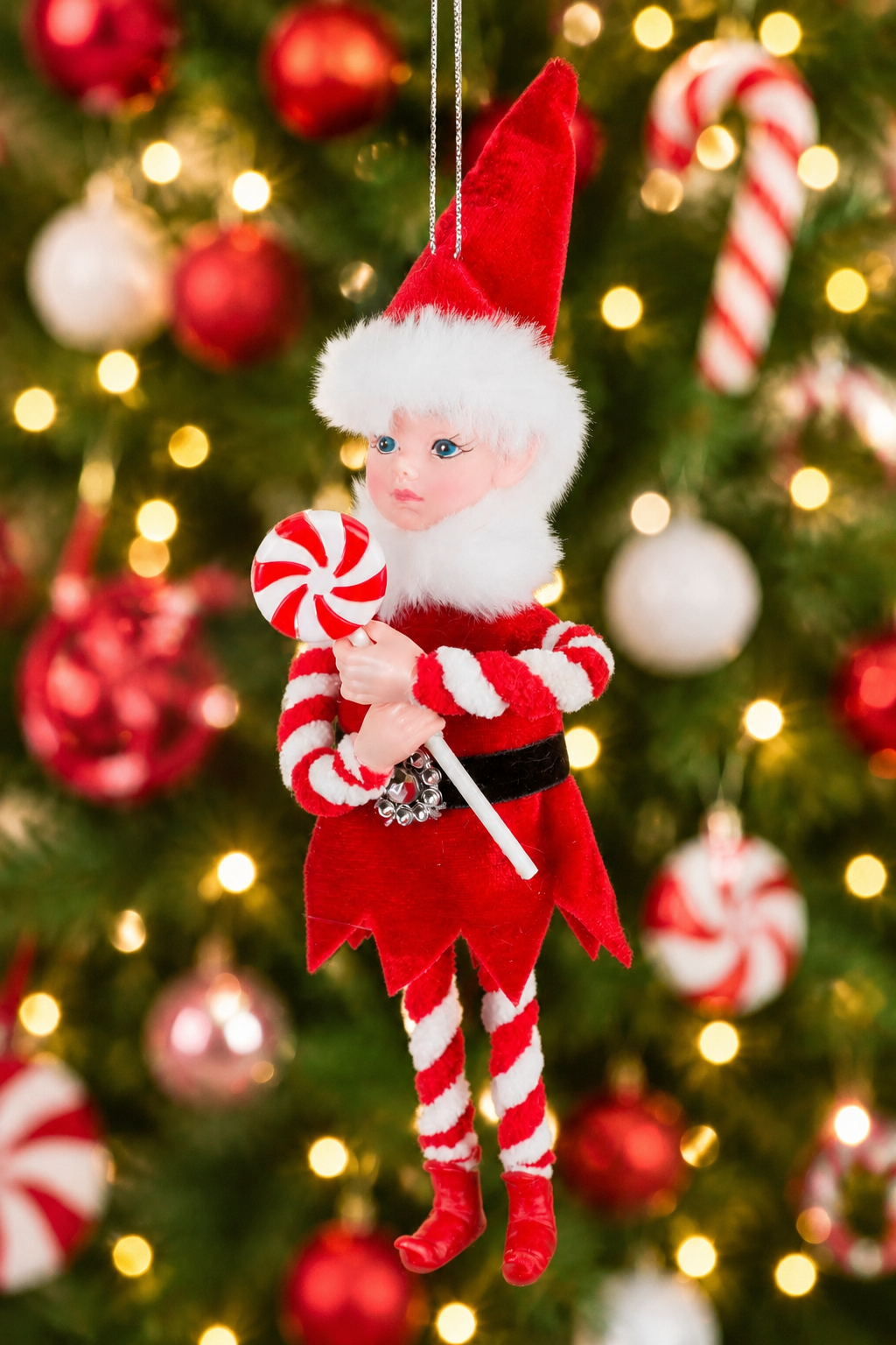Peppermint Elf Ornament Holding A Lollipop 9-inch