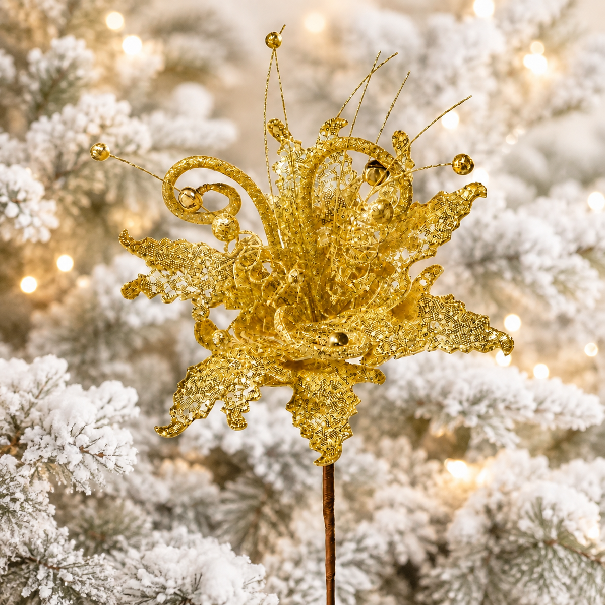 Gold Glitter Poinsettia Stem 26 inch set of 6