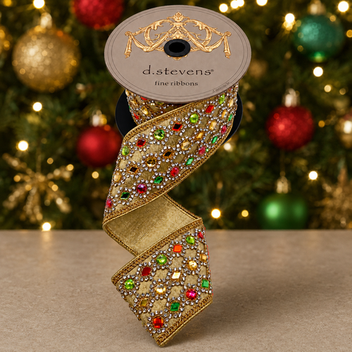 D. Stevens Gold Jeweled Ribbon 3-inch by 5 yards