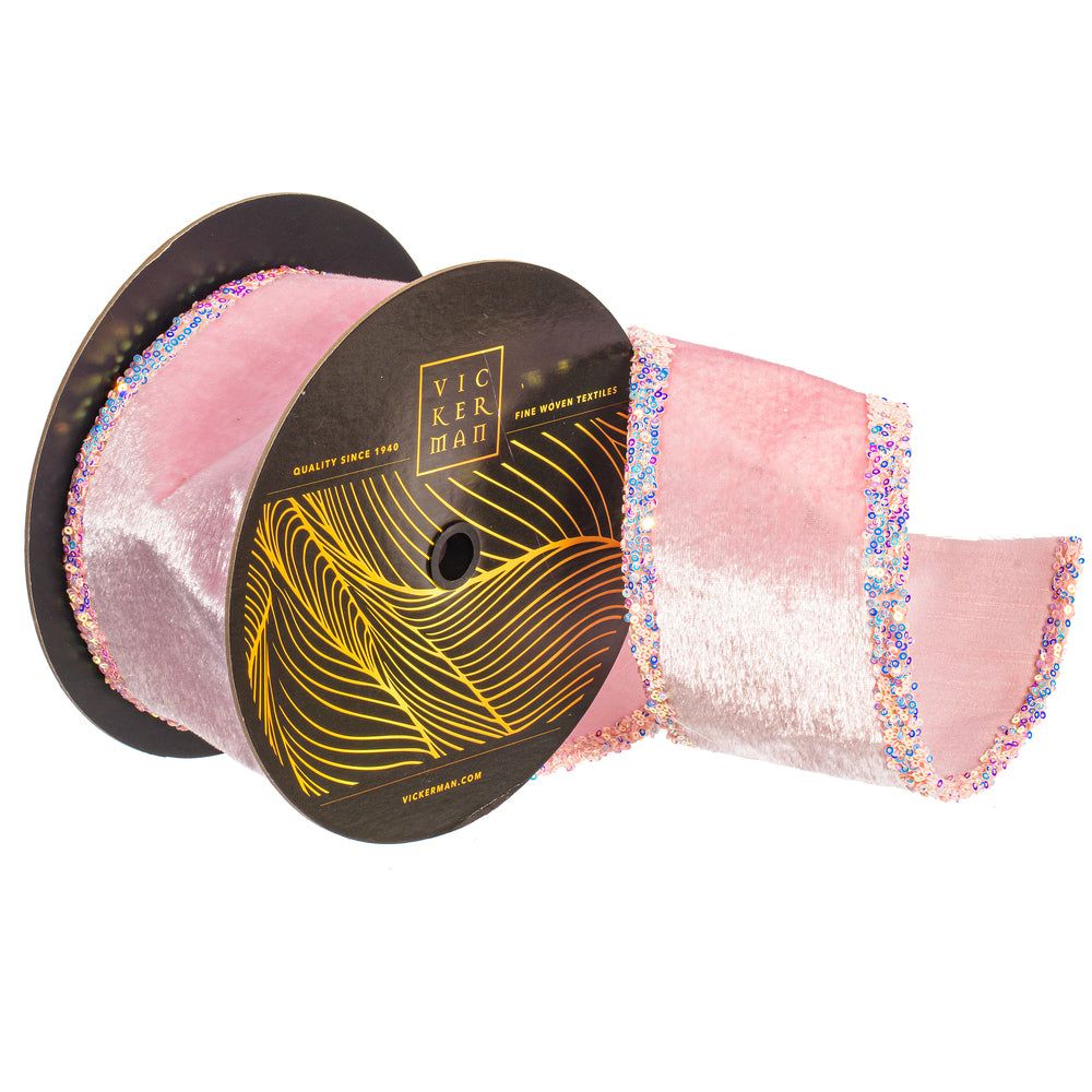 Pink Velvet Sequins edge Ribbon 4-inch by 10 yards