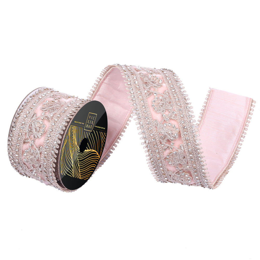 Rose Gold Pink Jewel Lace Ribbon 2.5 inch by 5 yards
