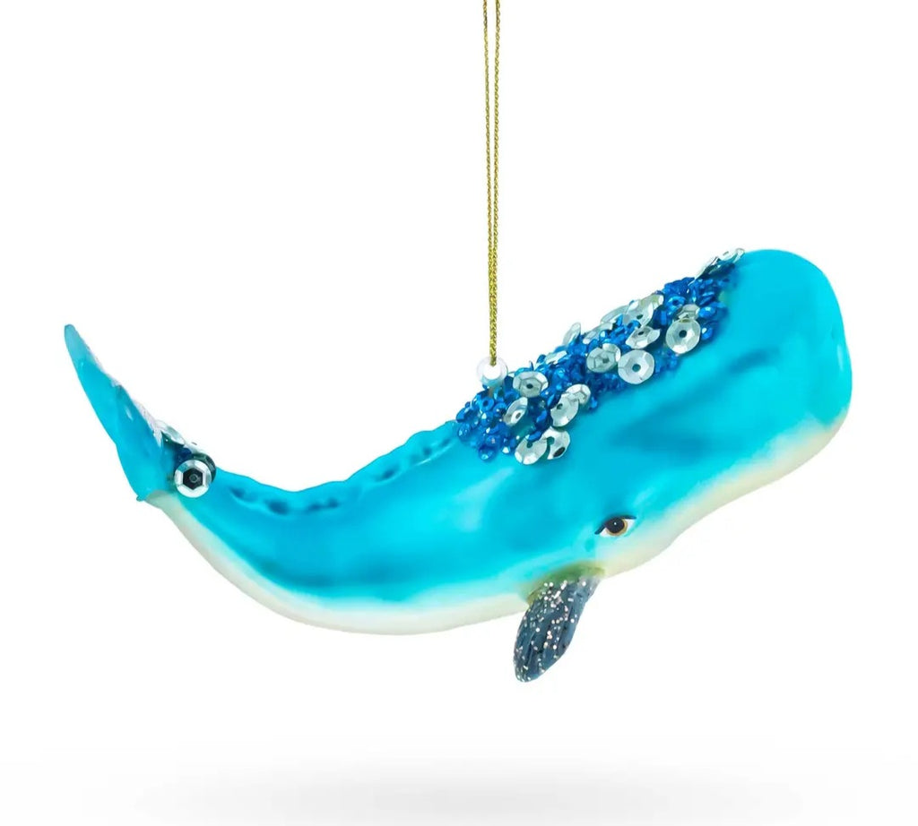 Whale with Sequins and Glitter Glass Christmas Ornament