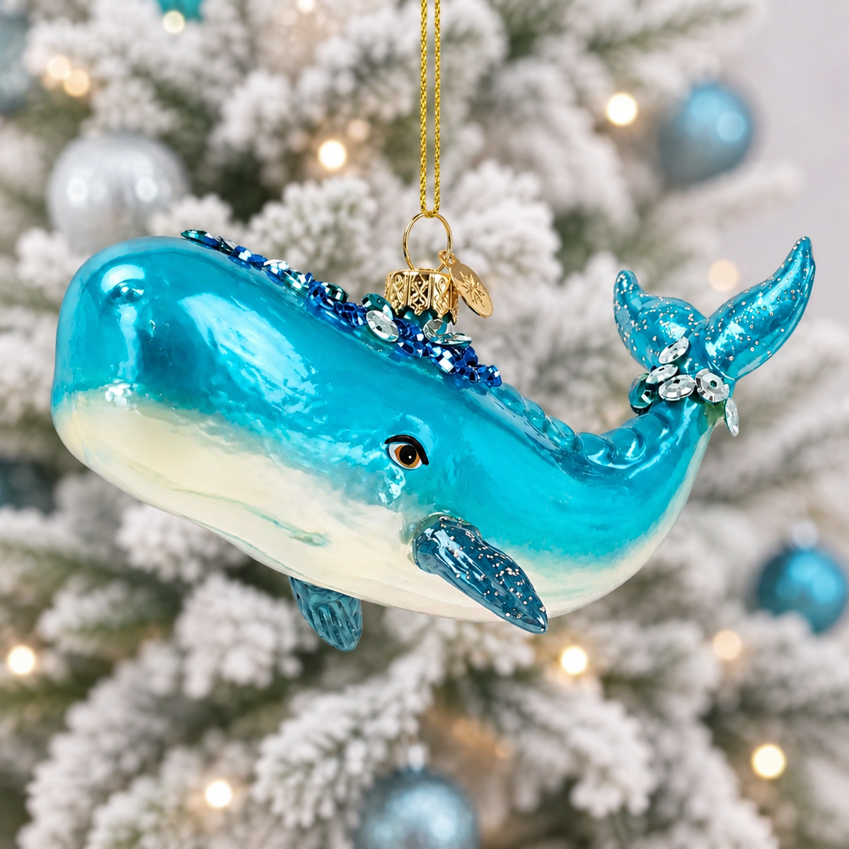Whale with Sequins and Glitter Glass Christmas Ornament
