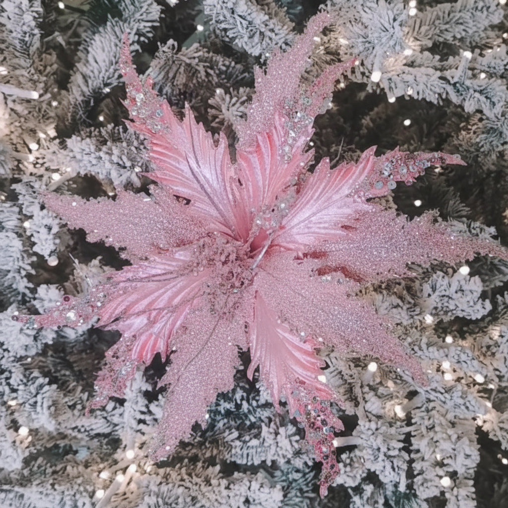 Pink Glitter Poinsettia 15 inch set of 6