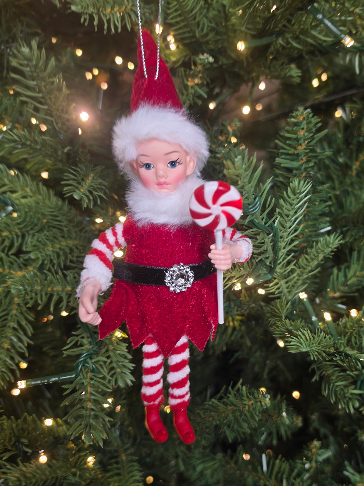 Peppermint Elf Ornament Holding A Lollipop 9-inch