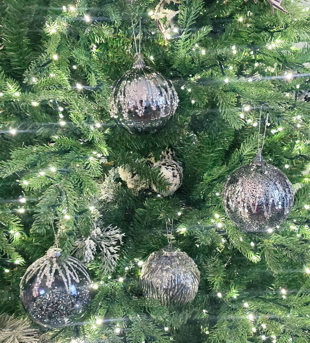 4" Platinum & Silver Decorative Glass Ornaments set of 12