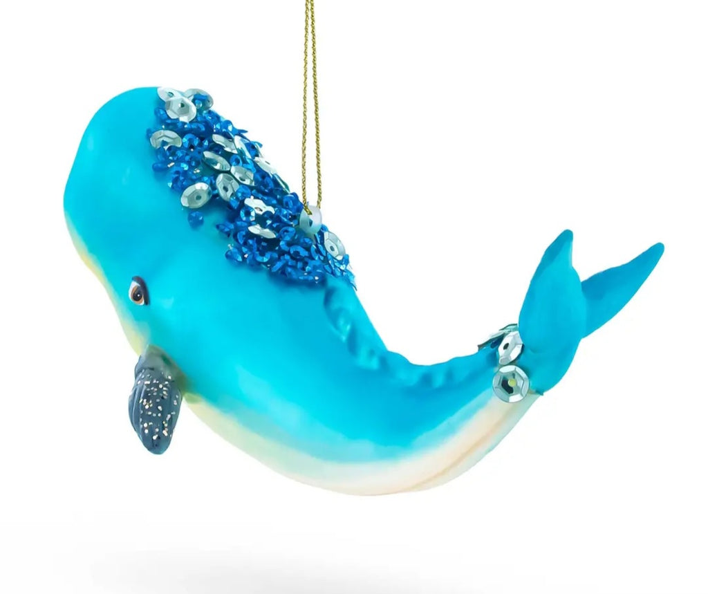 Whale with Sequins and Glitter Glass Christmas Ornament