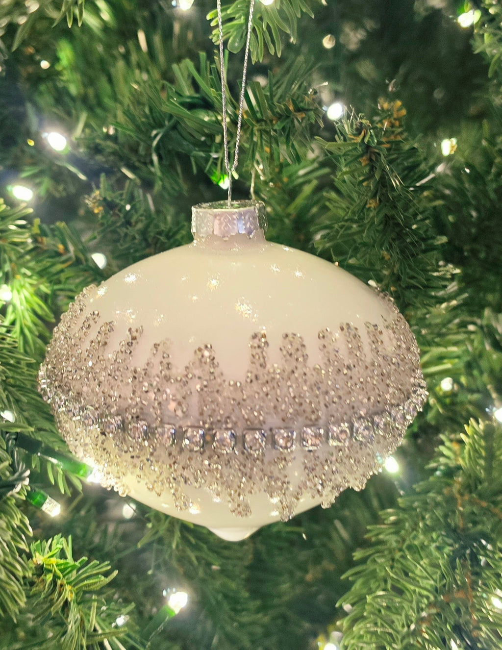 4" Silver & Ivory Jeweled Ball Ornament Assorted set of 12