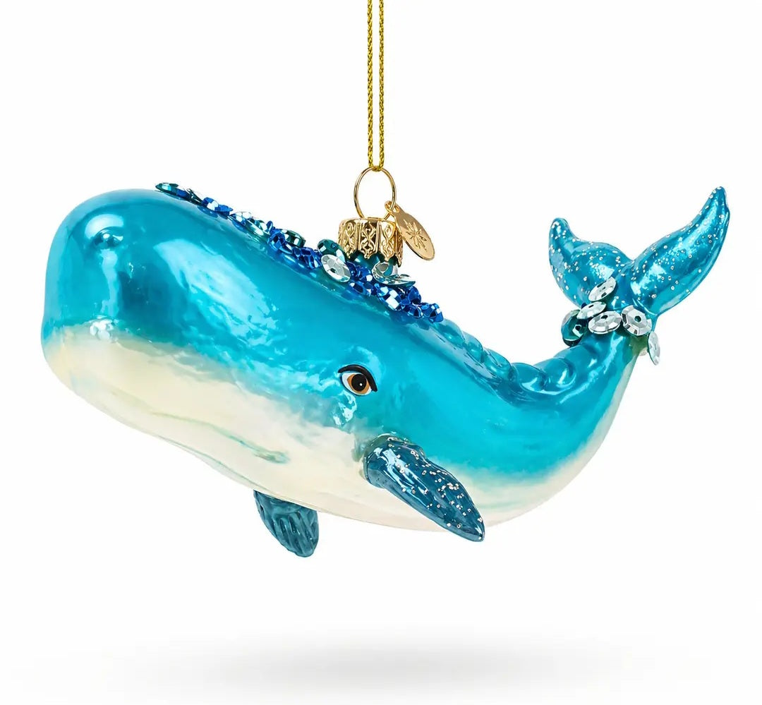 Whale with Sequins and Glitter Glass Christmas Ornament