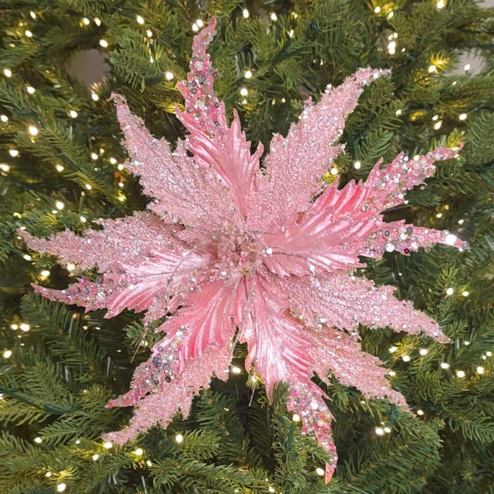 Pink Glitter Poinsettia 15 inch set of 6