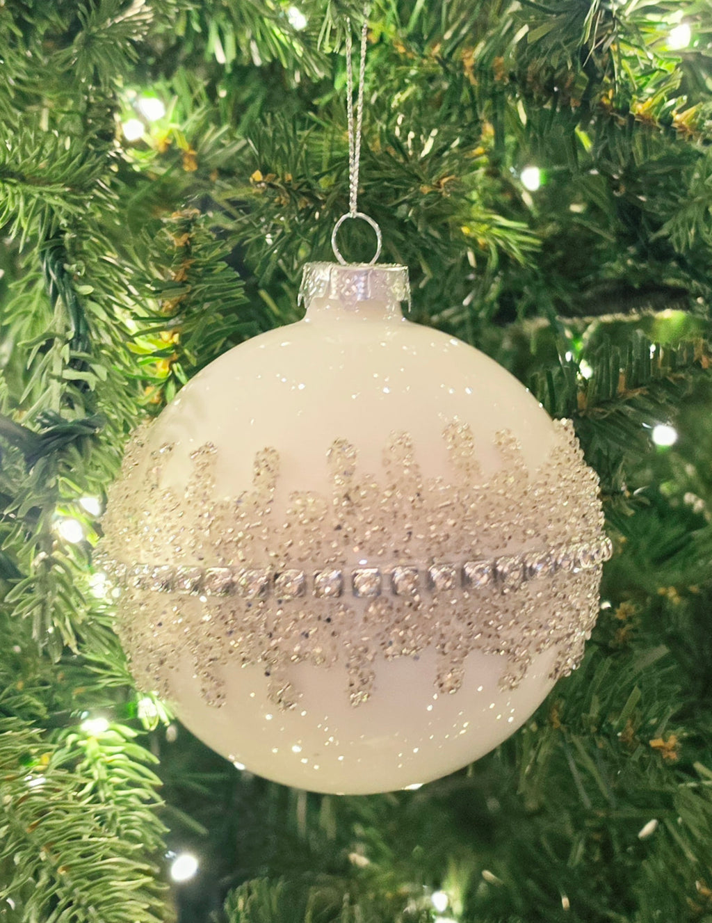4" Silver & Ivory Jeweled Ball Ornament Assorted set of 12